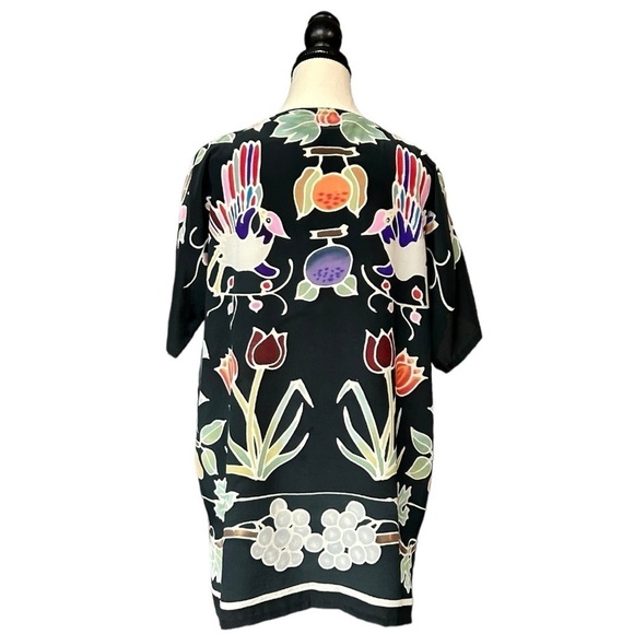 Vintage Art Waves Silk Floral Printed Tropical Bird Tunic, Oversized Small - Picture 5 of 11